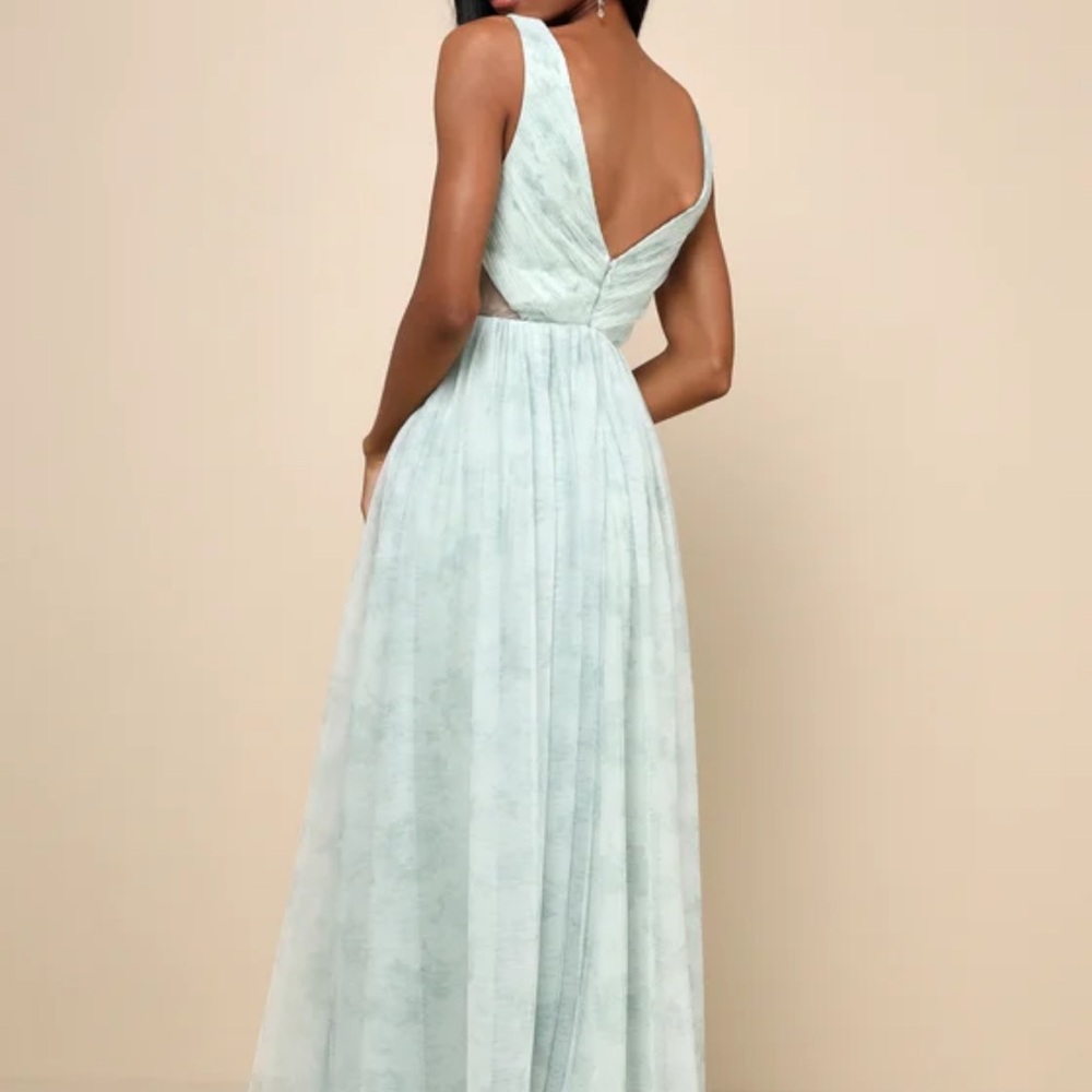 LULUS - Blissful Poise Sage Green Floral Mesh Pleated Cutout Maxi dress